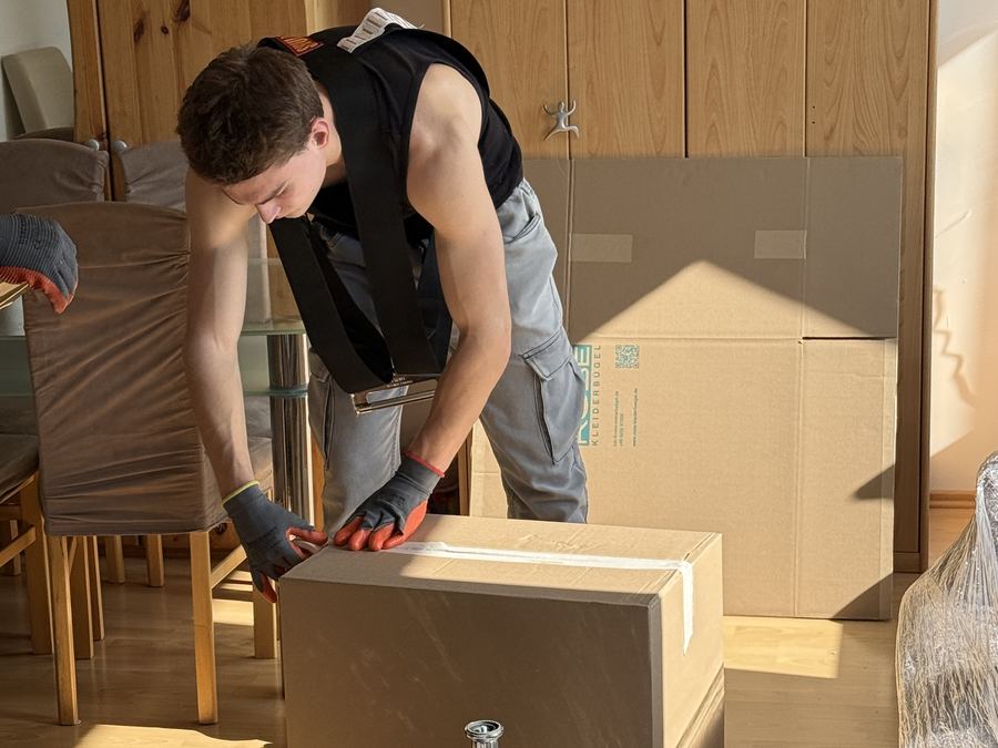 Karton wird vorsichtig aus einer Wohnung getragen